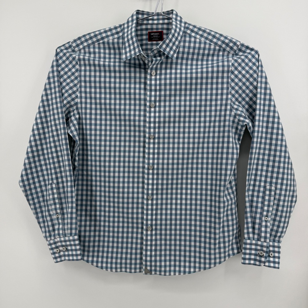 UNTUCKit Button Down Shirt Mens M Blue Gingham Cotton Wrinkle Free Regular Fit